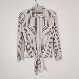 My STYLE Women's Shirt Size M Striped White Green Tie Cotton Viscose Casual Chic